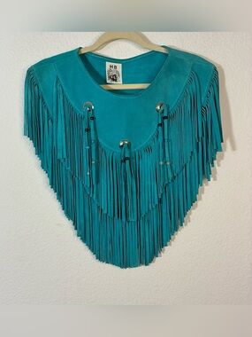 VINTAGE  HB TURQUOISE LEATHER FRINGE PONCHO